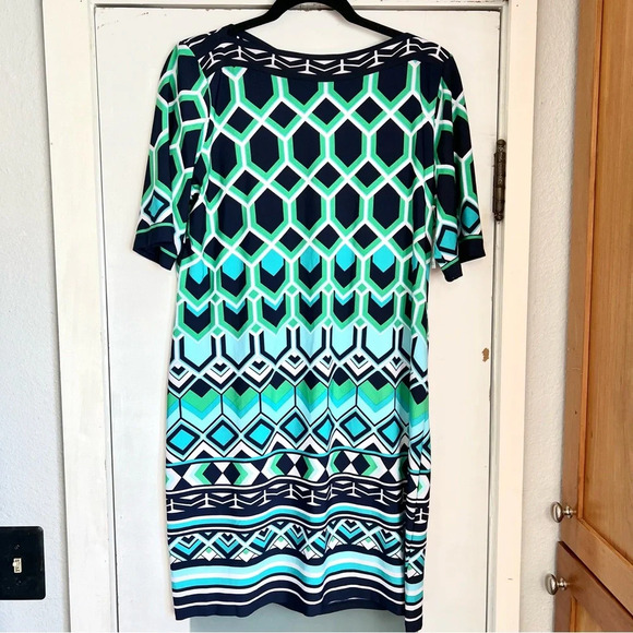 Signature Camryn Dresses & Skirts - NWT Signature Camryn Dress Geometric Turquoise Navy Green Sheath Petite Size 14P
